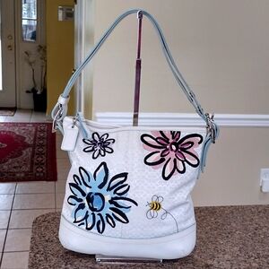 Coach Canvas And Leather Shoulder/ Crossbody Bag Embroidered Floral White
